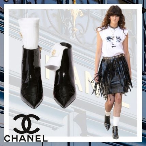 Chanel 22C black patent calfskin wedge ankle boots in size 39.5C - Picture 2 of 16